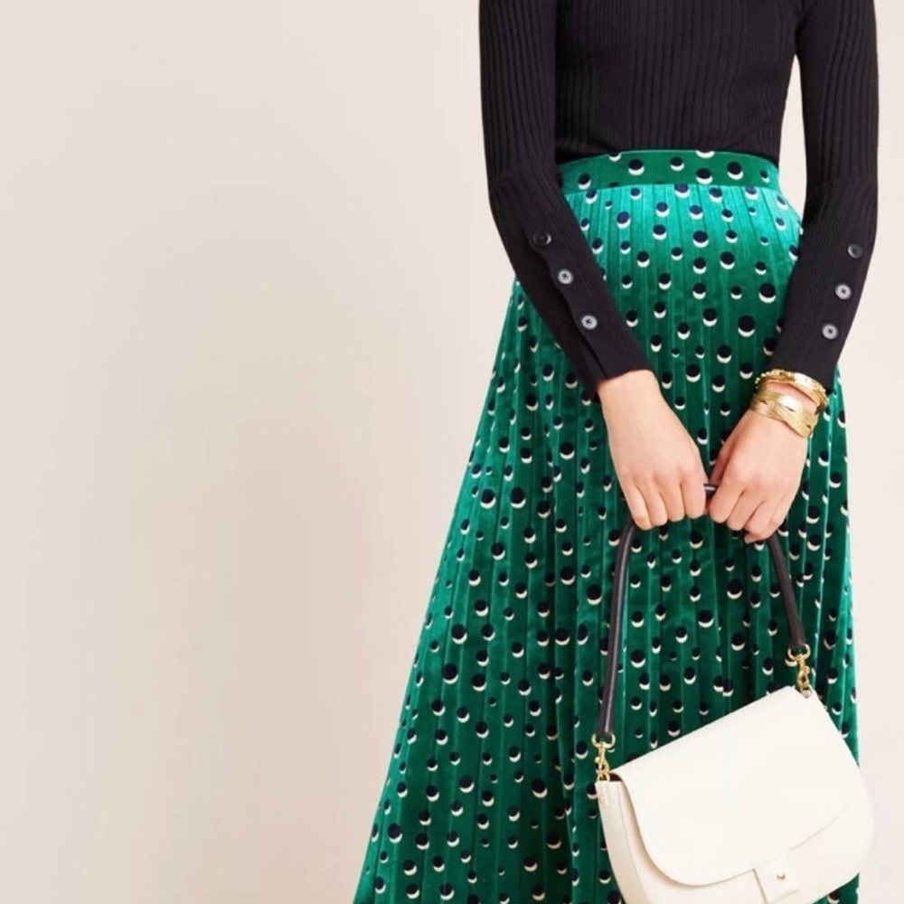 Anthropologie Maeve Carly Pleated Velvet Midi Skirt Green Women's Size M